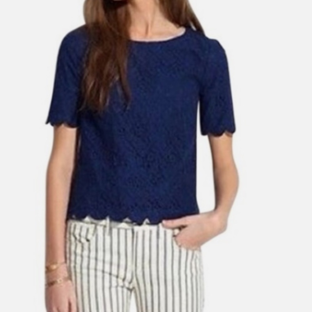 Madewell Blue Lace Scalloped Short Sleeve Crewneck Shirt Top [Size XS]